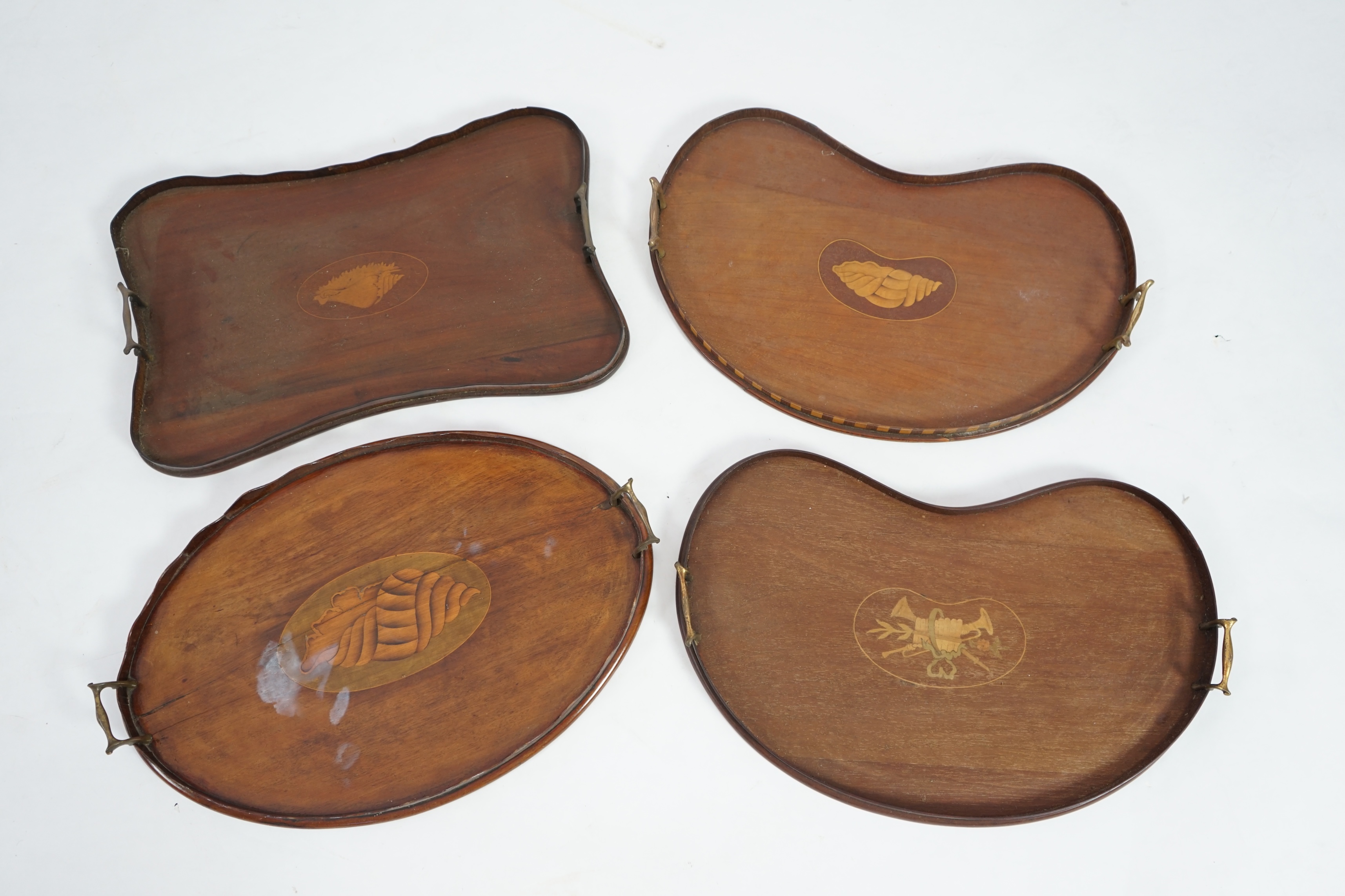 Four Edwardian inlaid mahogany gallery trays